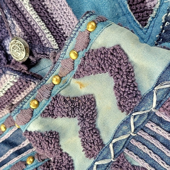 Vintage 90s y2k Denim Blue Purple Knit Crochet Studded Embroidered Jacket Md - Picture 4 of 6